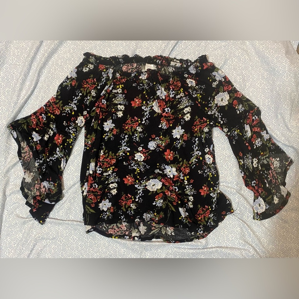 Time and Tru Black Floral Off-Shoulder Blouse